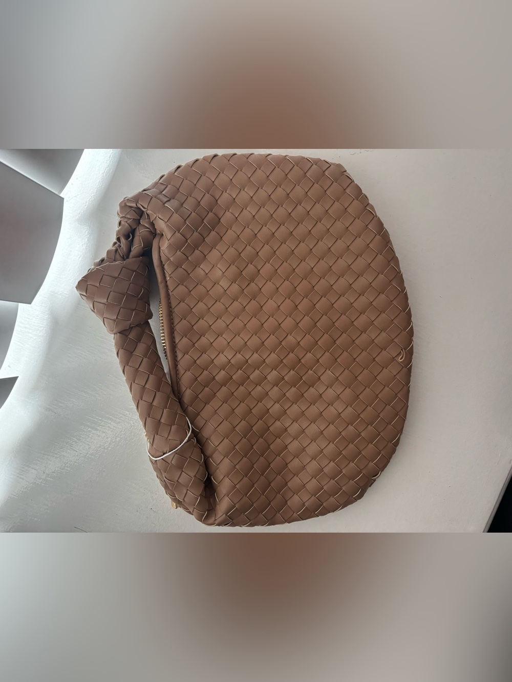 Melie Bianco Woven Knot-Top Clutch in Cognac